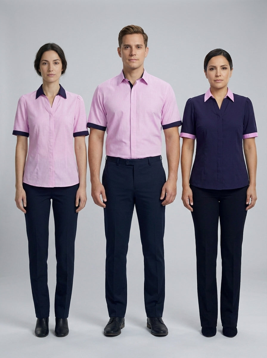 Dos damas con blusa rosa y morada de cuello de contraste y caballero con camisa rosa para supervisión de hotel.