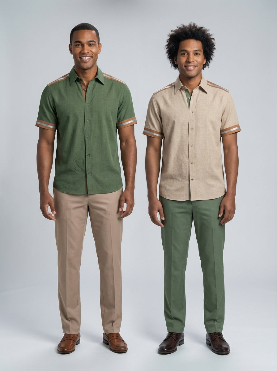 Dos caballeros con camisa verde y beige de vivo caramelo en hombros y puños para bellboy y valet de hotel.