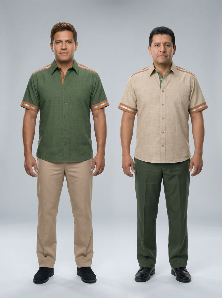 Dos caballeros con camisa verde olivo y beige con franja cobre en hombros y puños, para resort.