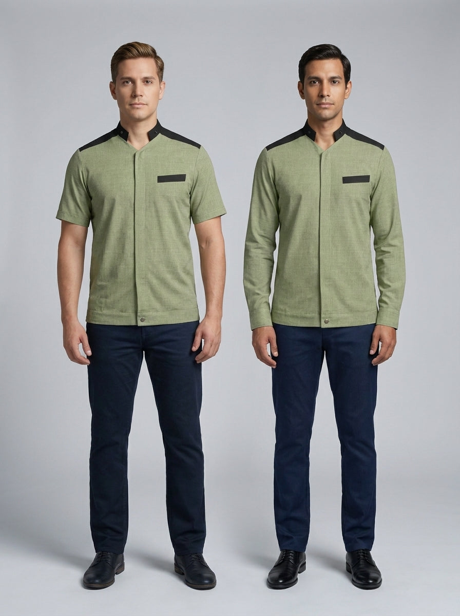 Dos caballeros con camisa verde olivo de cuello mao y canesú negro, manga corta y larga, para resort.