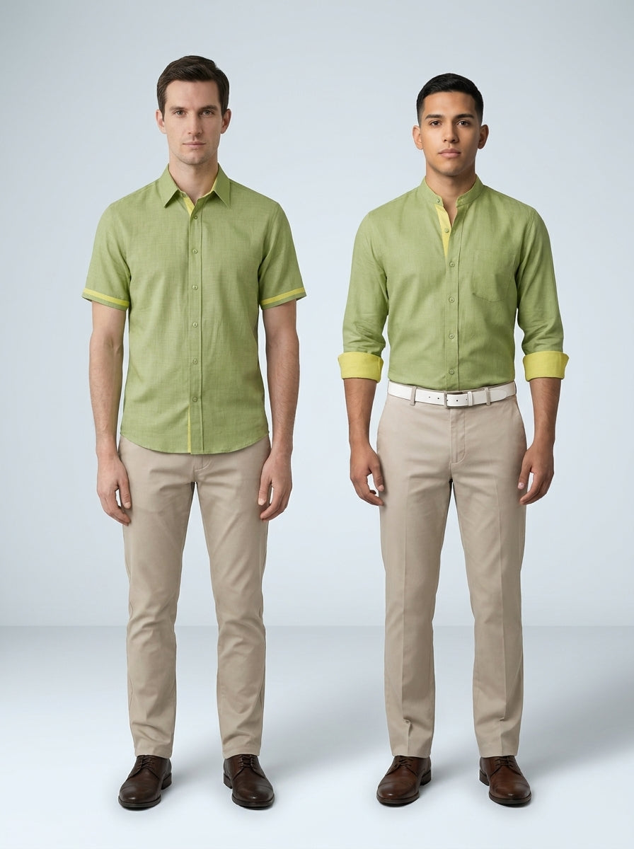 Dos caballeros con camisa verde de vivo amarillo, manga corta o larga, pantalón caqui, para resort.