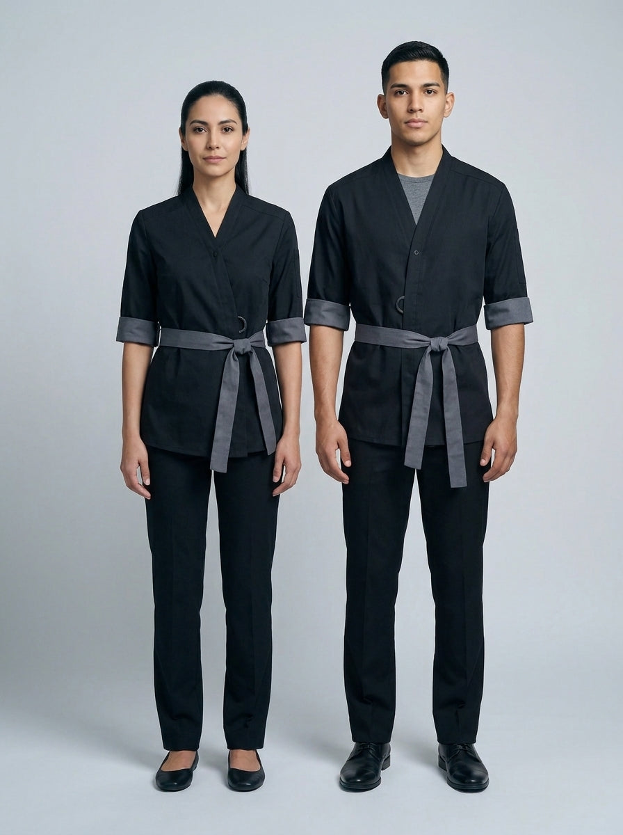 Dama y caballero con casaca negra tipo kimono y faja gris anudada para restaurante asiático.