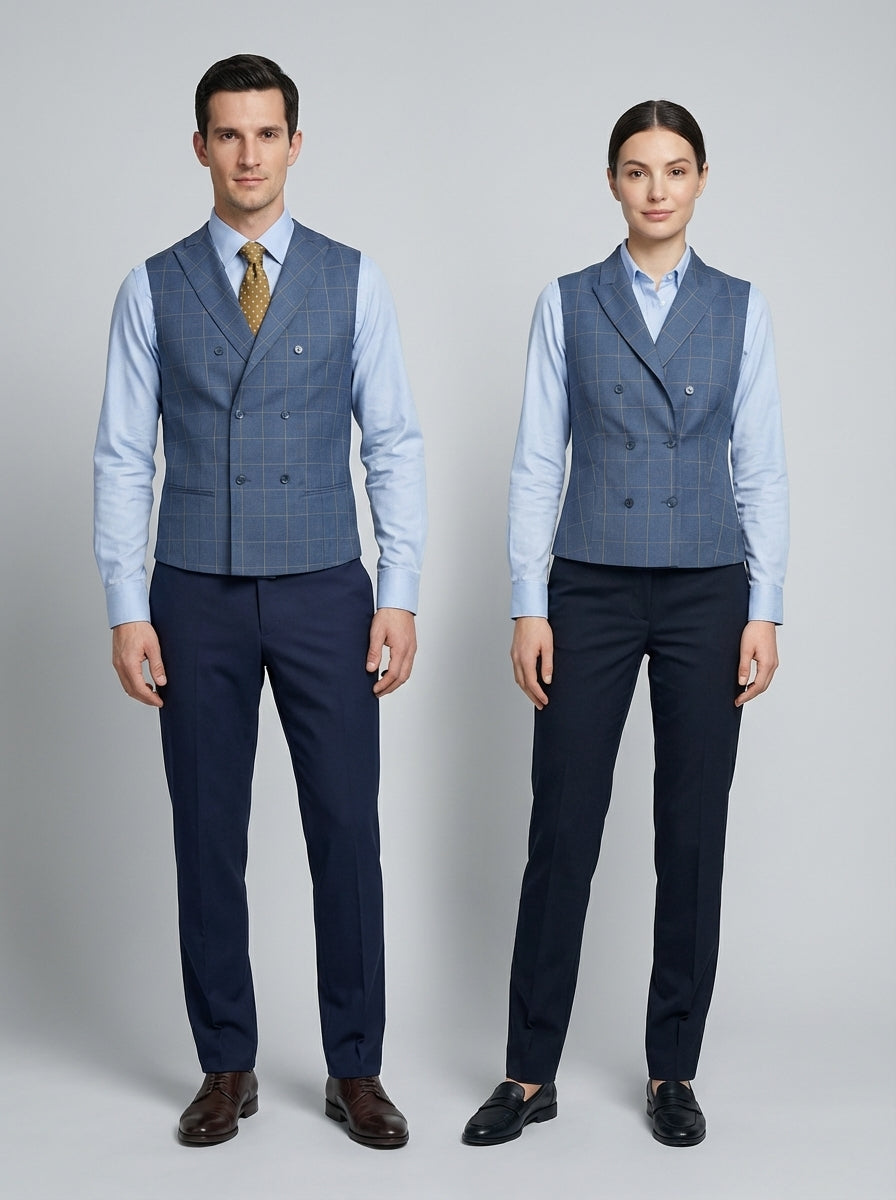 Dama y caballero con chaleco azul a cuadros cruzado sobre camisa azul claro y pantalón azul marino para personal de restaurante.