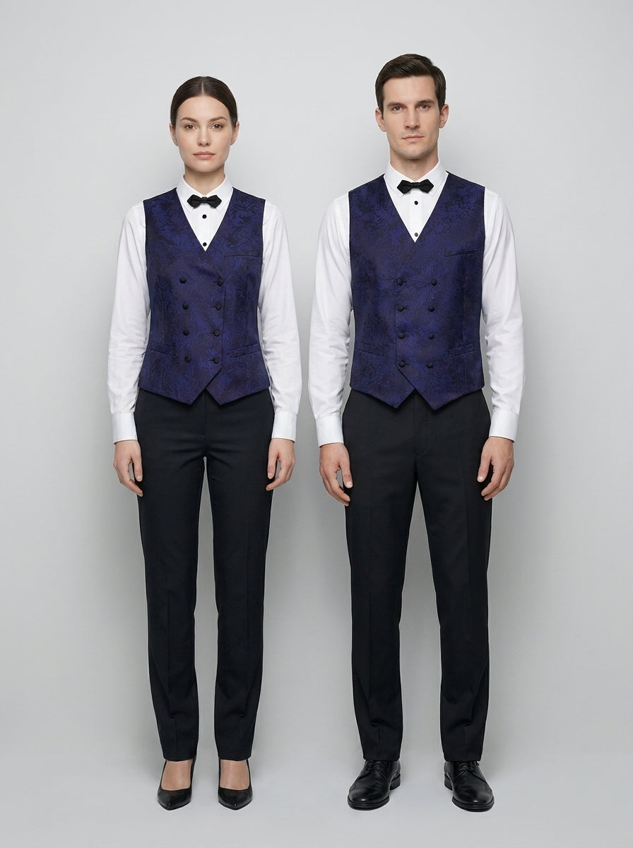Chaleco azul marino jacquard de doble botonadura con botones negros, versión femenina y masculina para dealer de casino.