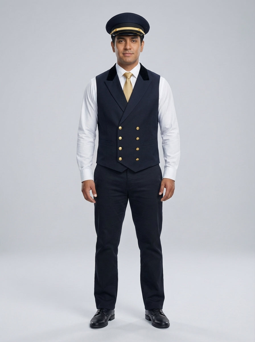 Caballero con chaleco azul marino de cuello de terciopelo, botones dorados y gorra de plato para portero y concierge de hotel.