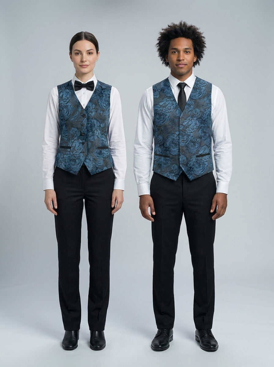 Chaleco azul marino con estampado floral en azul oscuro y cuello en V, versión femenina y masculina para dealer de casino.
