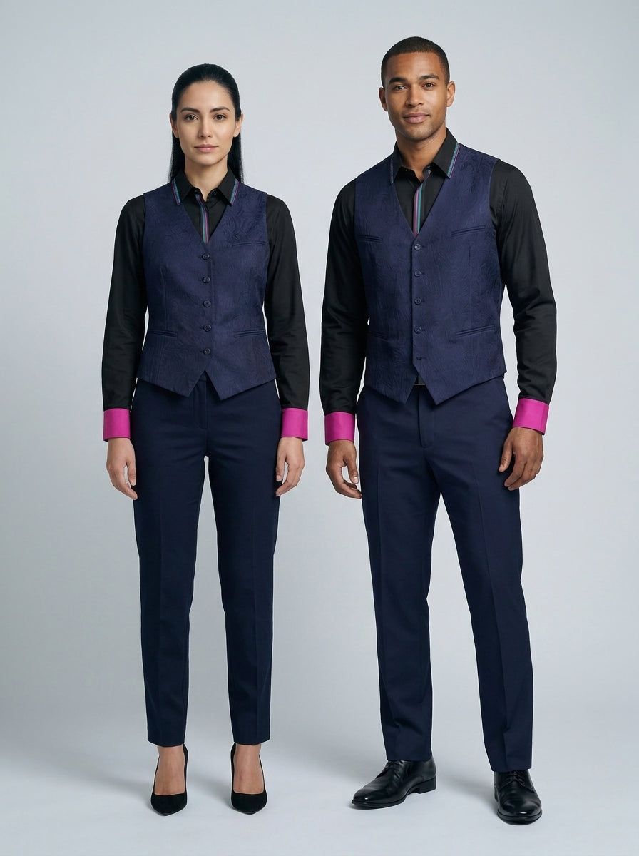 Chaleco azul marino jacquard sobre camisa negra con puños fucsia, versión femenina y masculina para dealer de casino.