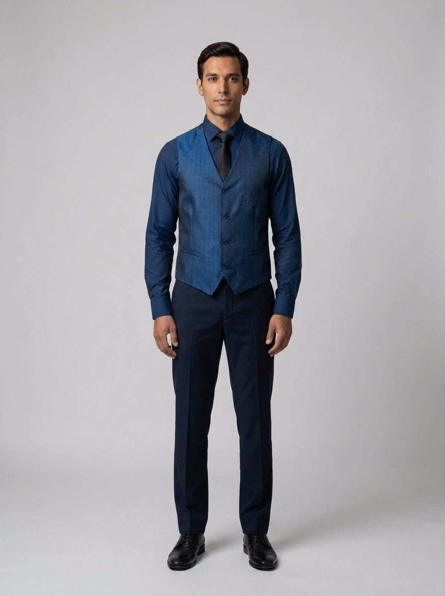 Chaleco azul marino de estampado jacquard sobre camisa azul y corbata negra para dealer de casino.