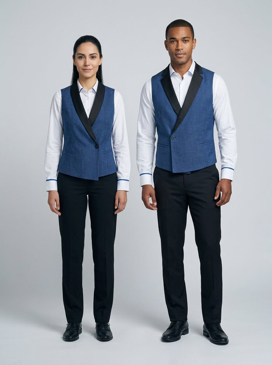 Chaleco azul royal con solapa negra y un botón, sobre camisa blanca, versión femenina y masculina para dealer de casino.