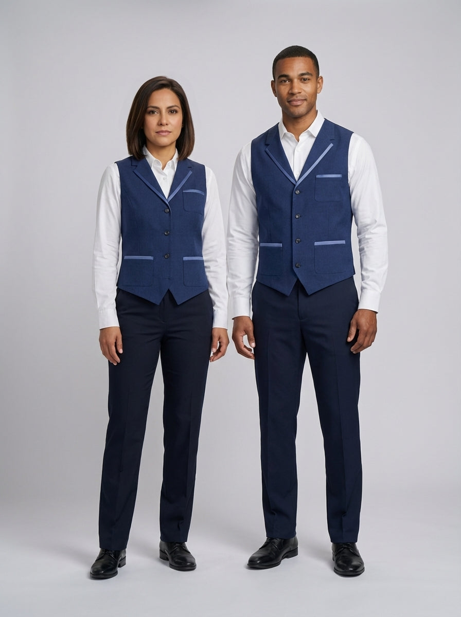Dama y caballero con chaleco azul de solapa y vivos sobre camisa blanca y pantalón azul marino para personal de restaurante.