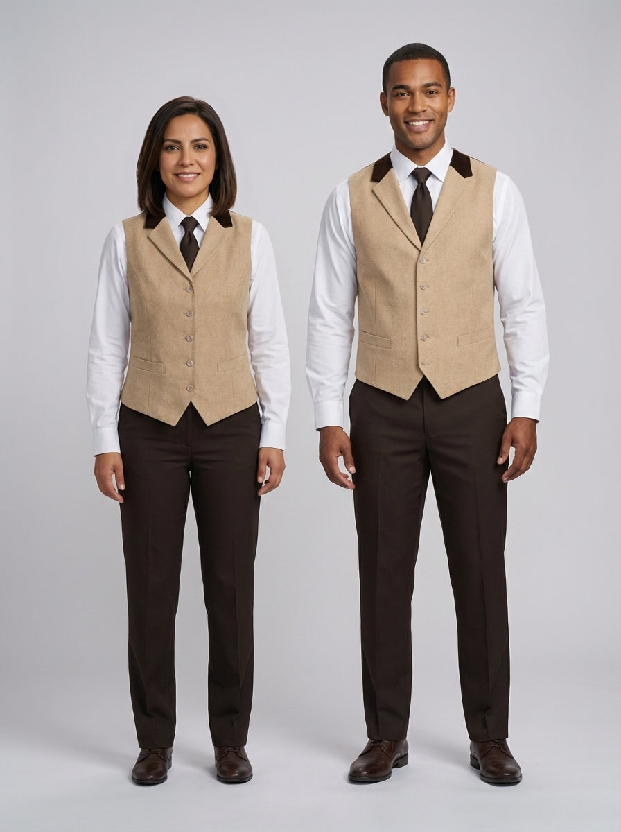 Dama y caballero con chaleco beige de lana y cuello de terciopelo café sobre camisa blanca para valet y bellboy de hotel.