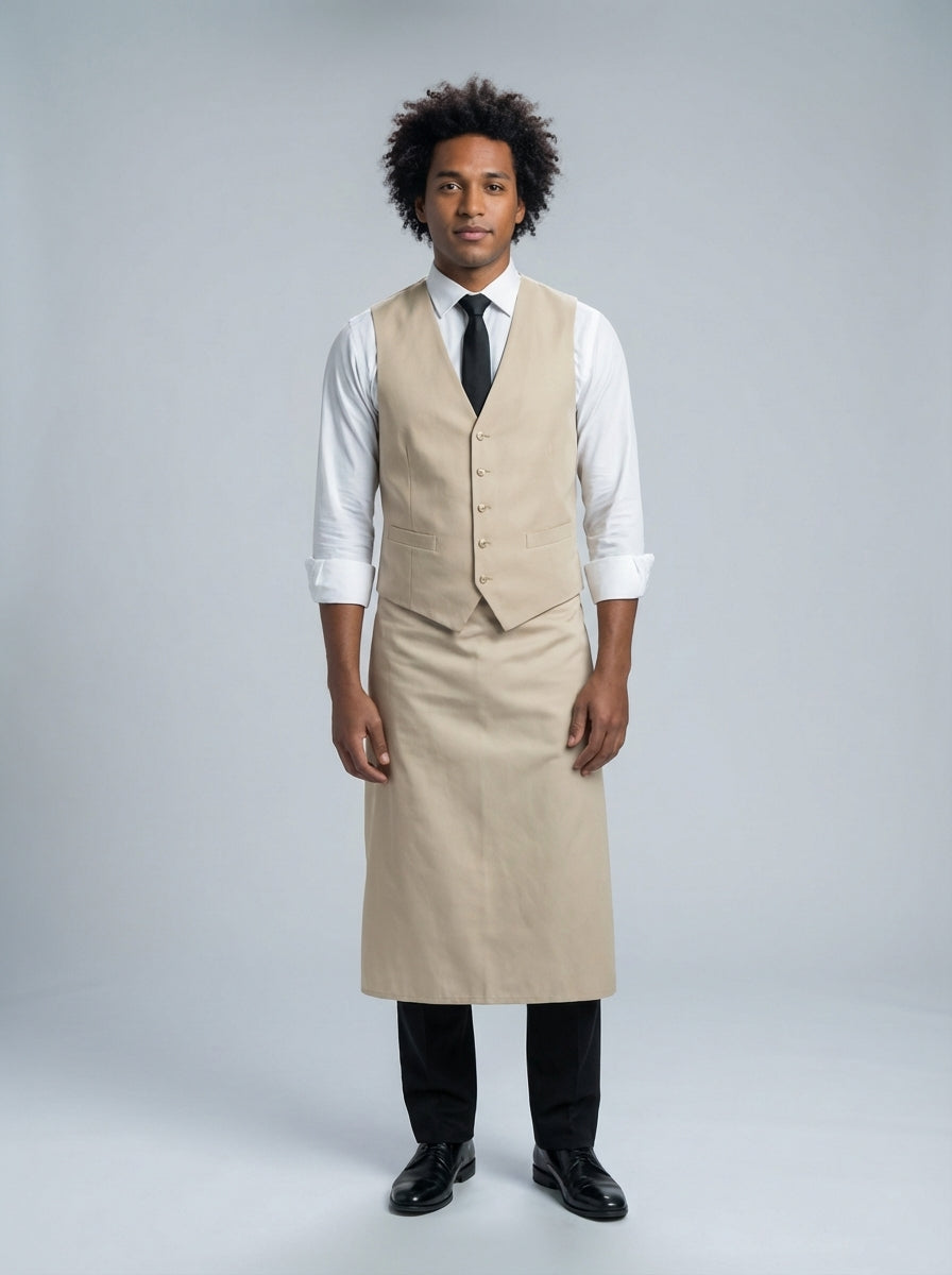 Caballero con chaleco beige de cuello en V sobre camisa blanca con corbata negra y mandil beige para mesero de restaurante.
