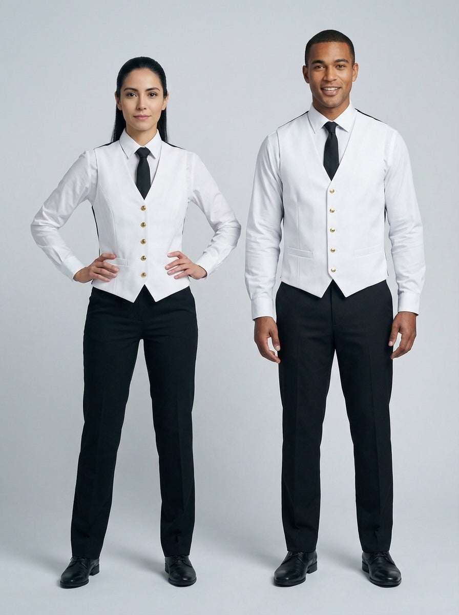 Dama y caballero con chaleco blanco de botones dorados y charreteras sobre camisa blanca con corbata negra para personal de restaurante.