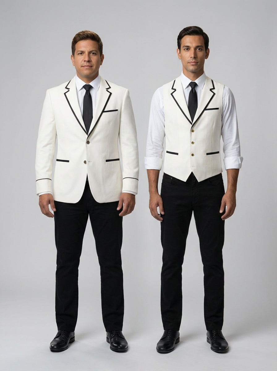Dos caballeros con saco y chaleco blanco hueso con ribete negro sobre camisa blanca con corbata negra para personal de restaurante.