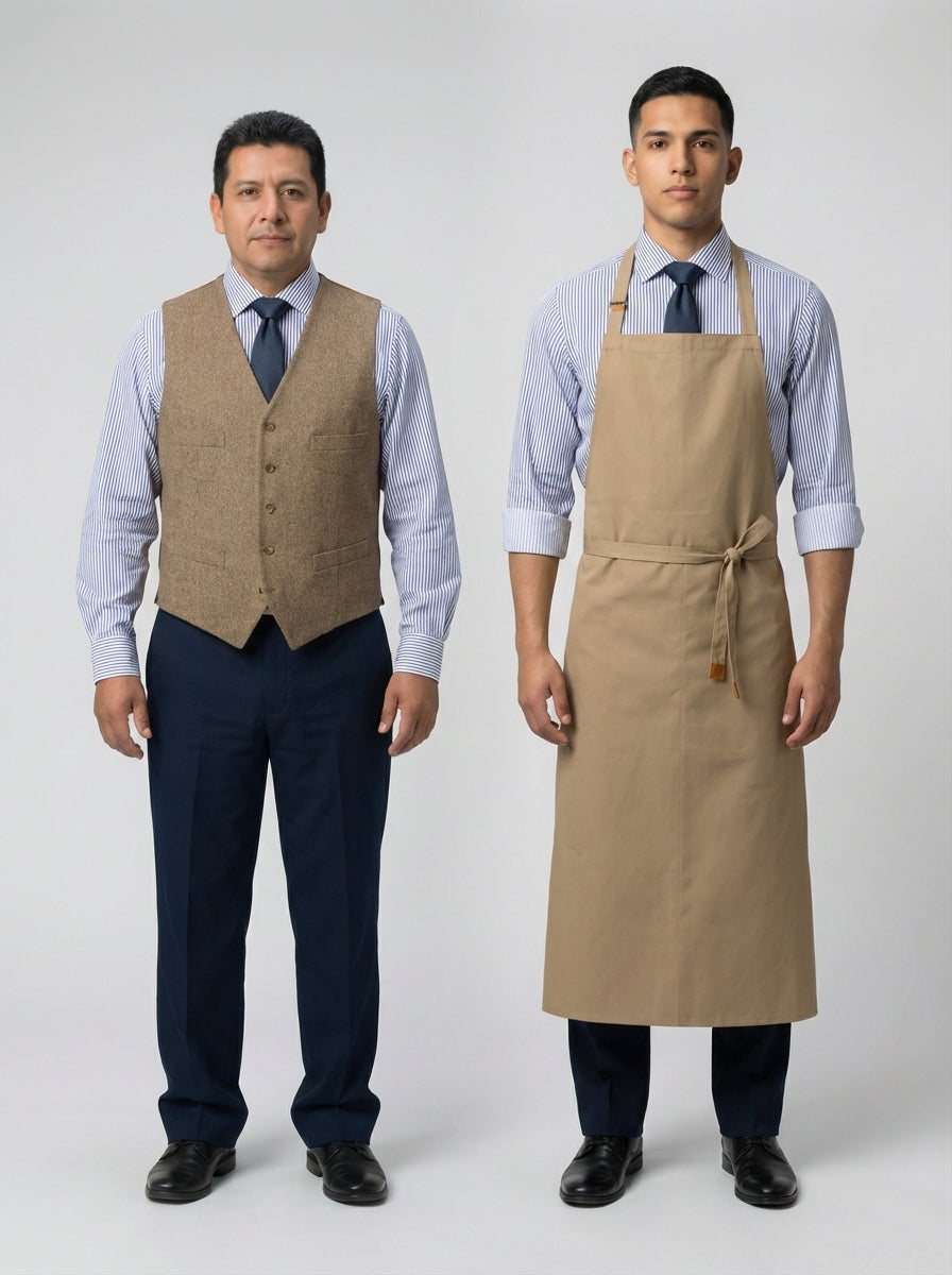 Caballero con chaleco café tipo lana sobre camisa de rayas azul, junto a compañero con mandil pechero beige, para mesero de restaurante.
