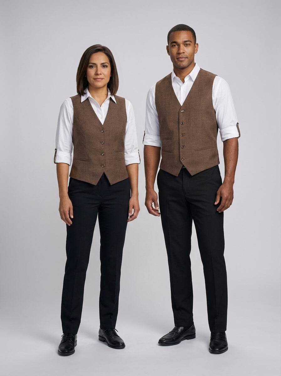 Dama y caballero con chaleco café de cuello en V sobre camisa blanca y pantalón negro para personal de restaurante.