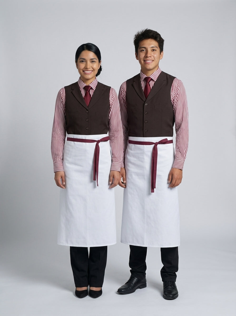 Dama y caballero con chaleco café de solapa de pico sobre camisa de rayas roja con mandil blanco para personal de restaurante.