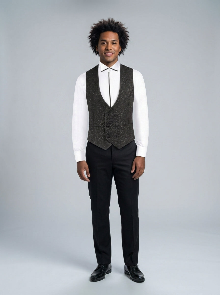 Chaleco café efecto tweed doble botonadura con cuello en V, sobre camisa blanca y corbatín negro para dealer.