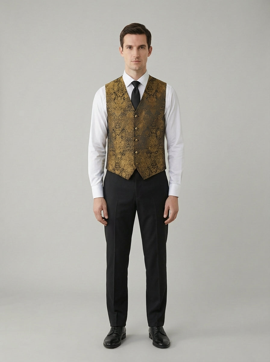 Caballero con chaleco dorado de jacquard paisley con camisa blanca y corbata negra para valet y concierge de hotel.
