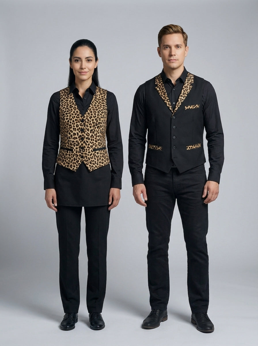 Chaleco con estampado: versión femenina completa y masculina negra con detalles, sobre camisa negra para dealer de casino.