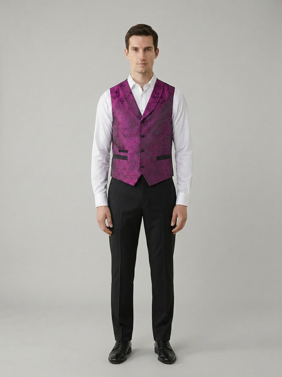 Chaleco fucsia con estampado decorativo oscuro, cuello en V y botones negros sobre camisa blanca para dealer de casino.