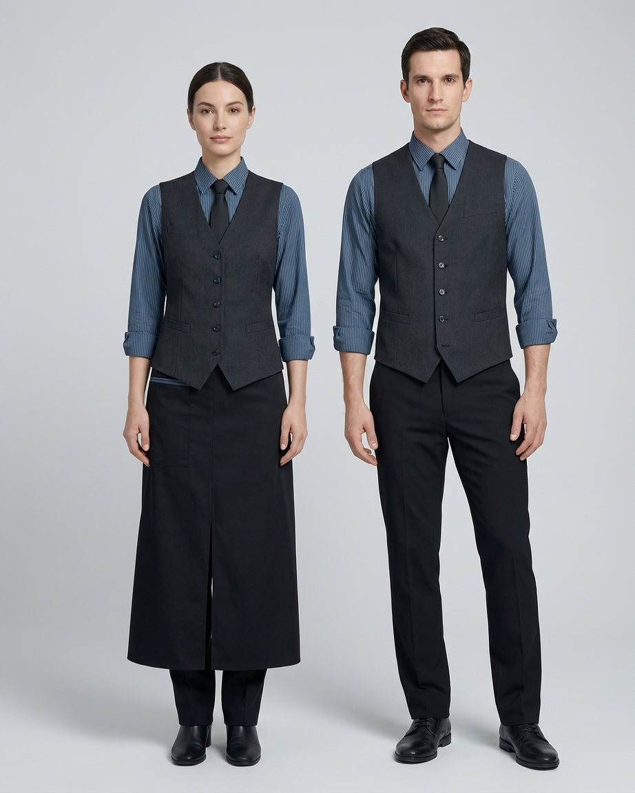 Dama y caballero con chaleco gris carbón sobre camisa de rayas azul con corbata negra para personal de restaurante.