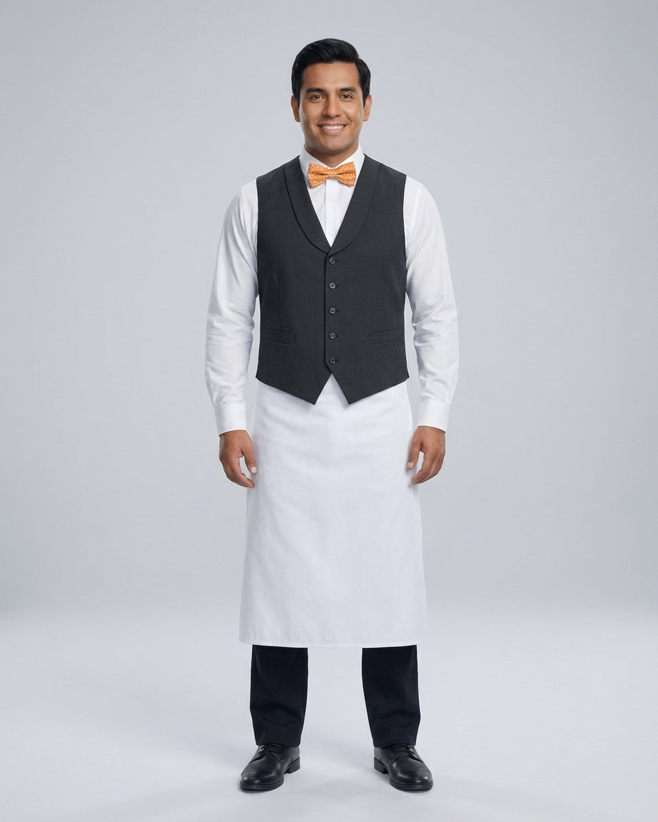 Caballero con chaleco gris carbón de solapa de chal sobre camisa blanca con moño naranja y mandil blanco para mesero de restaurante.