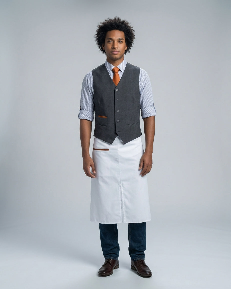 Caballero con chaleco gris de detalle naranja sobre camisa de cuadros azul con corbata naranja y mandil blanco para mesero de restaurante.