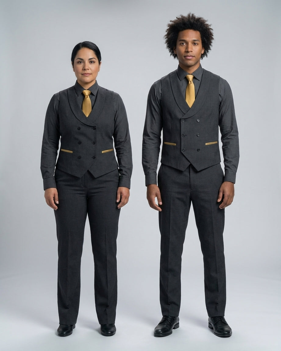 Chaleco gris oscuro doble botonadura con ribetes dorados en bolsillos, corbata dorada, versión femenina y masculina.