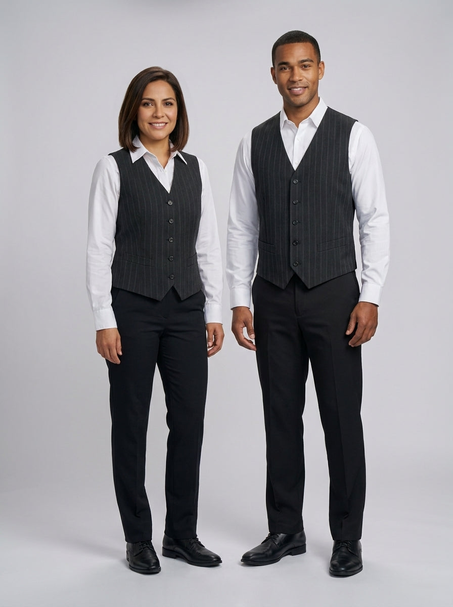 Dama y caballero con chaleco gris oscuro a rayas y cuello en V sobre camisa blanca, para dealer de casino.