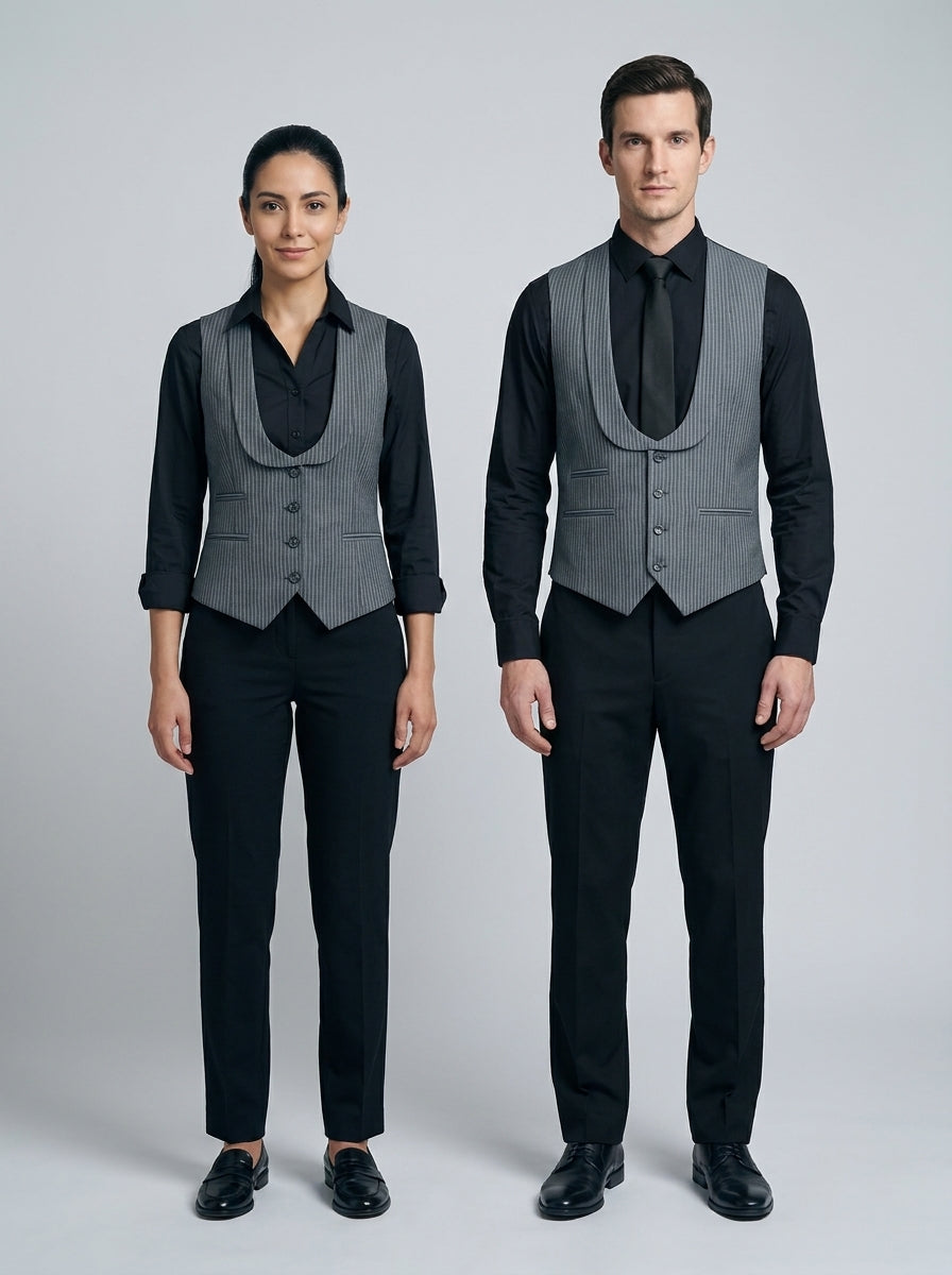 Dama y caballero con chaleco gris a rayas finas y cuello chal sobre camisa negra, para dealer de casino.