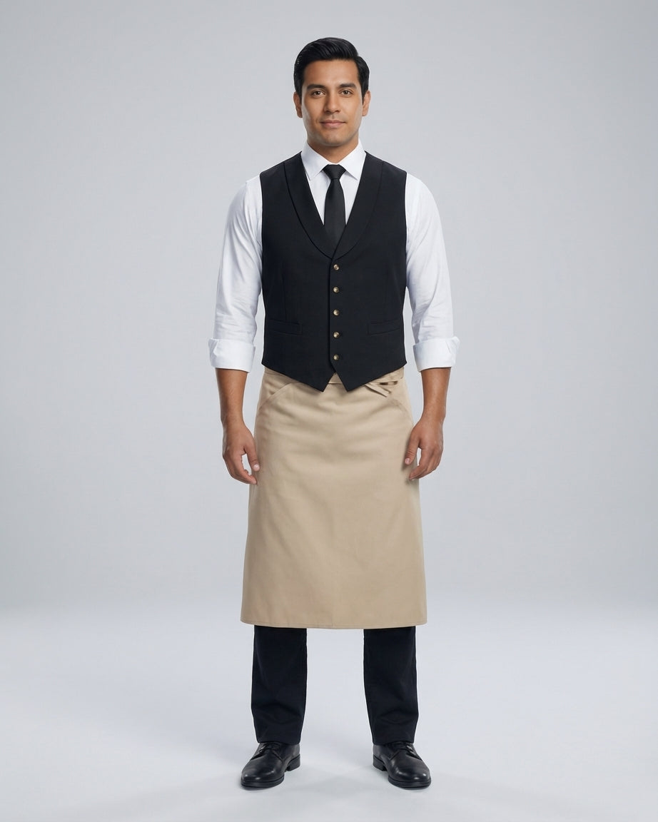 Caballero con chaleco negro de botones dorados y solapa de chal sobre camisa blanca y mandil beige para mesero de restaurante.