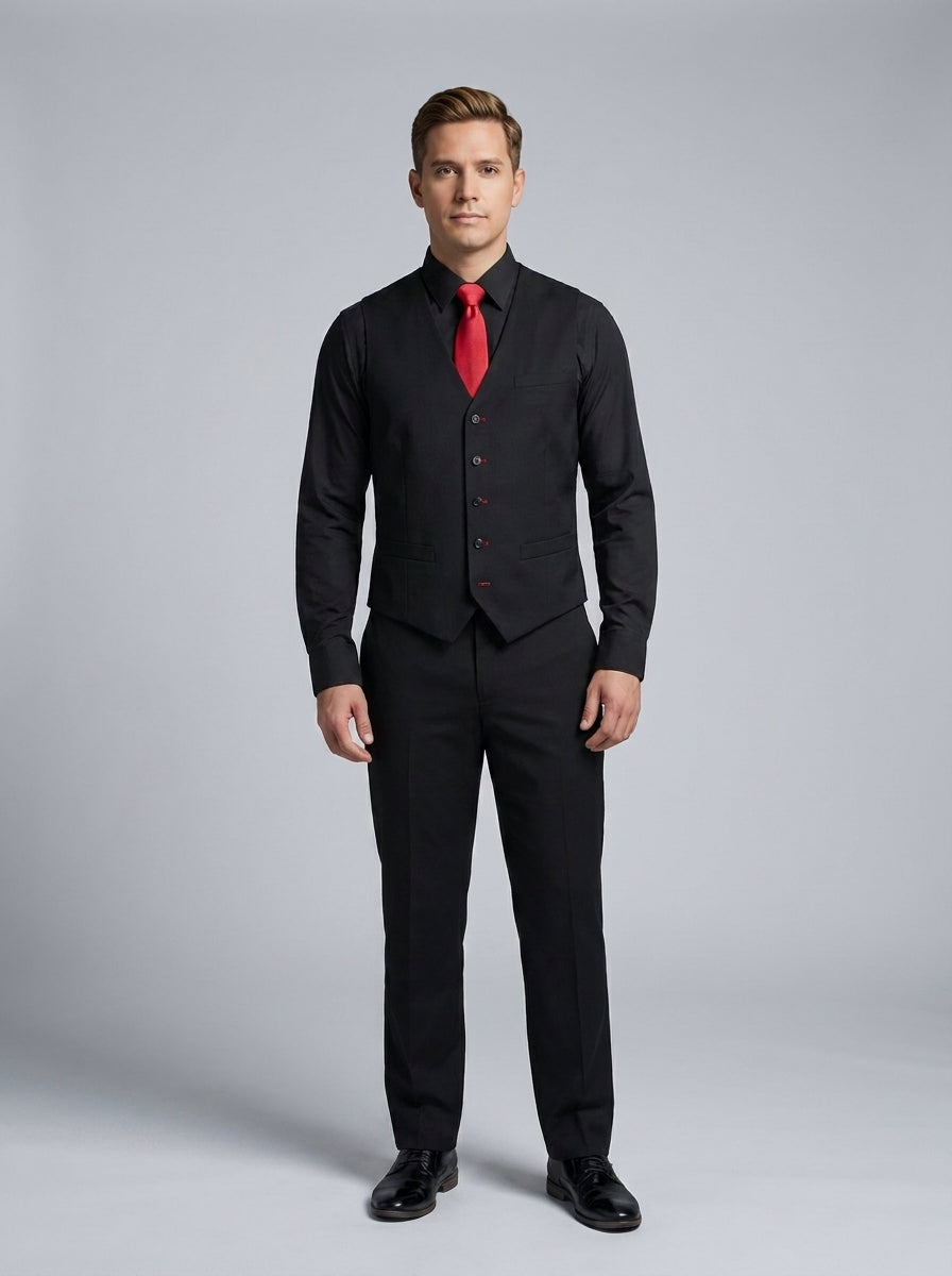 Chaleco negro con botonadura central sobre camisa negra y corbata roja para dealer de casino.