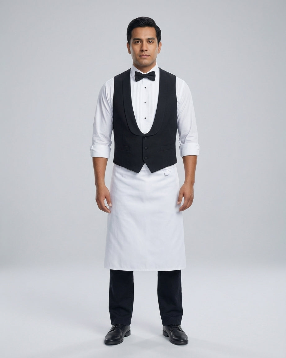 Caballero con chaleco negro de esmoquin y solapa de chal sobre camisa blanca plisada con moño negro para mesero de restaurante.