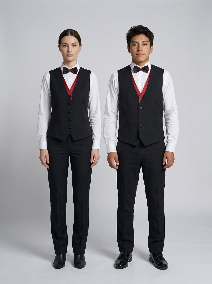 Chaleco negro con cuello en V, ribete rojo en bordes y botonadura, versión femenina y masculina para dealer de casino.
