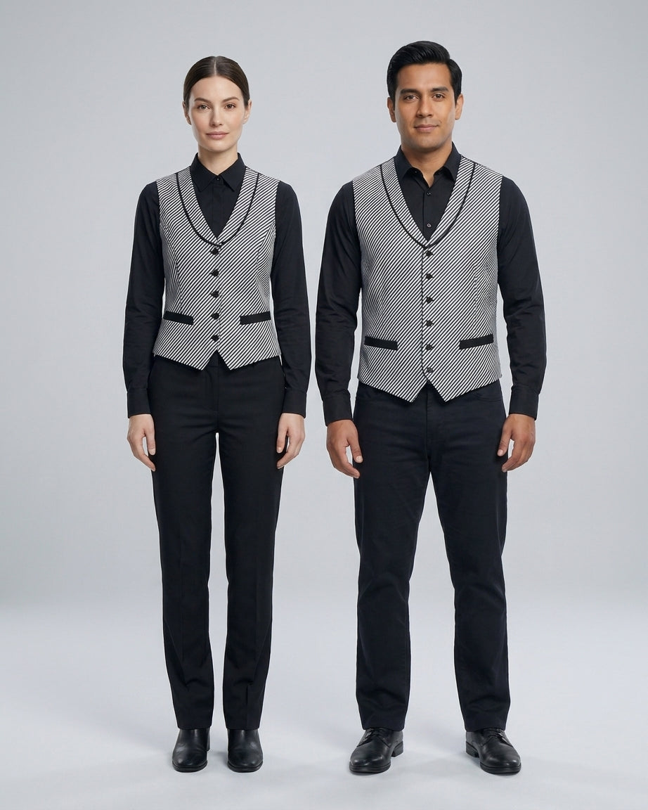 Chaleco con rayas diagonales blancas y negras y ribete negro, versión femenina y masculina para dealer de casino.
