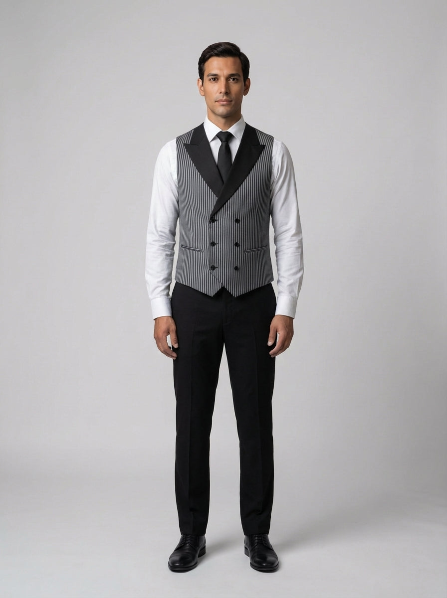 Caballero con chaleco de rayas gris y negro y solapa de esmoquin sobre camisa blanca con corbata negra para mesero de restaurante.