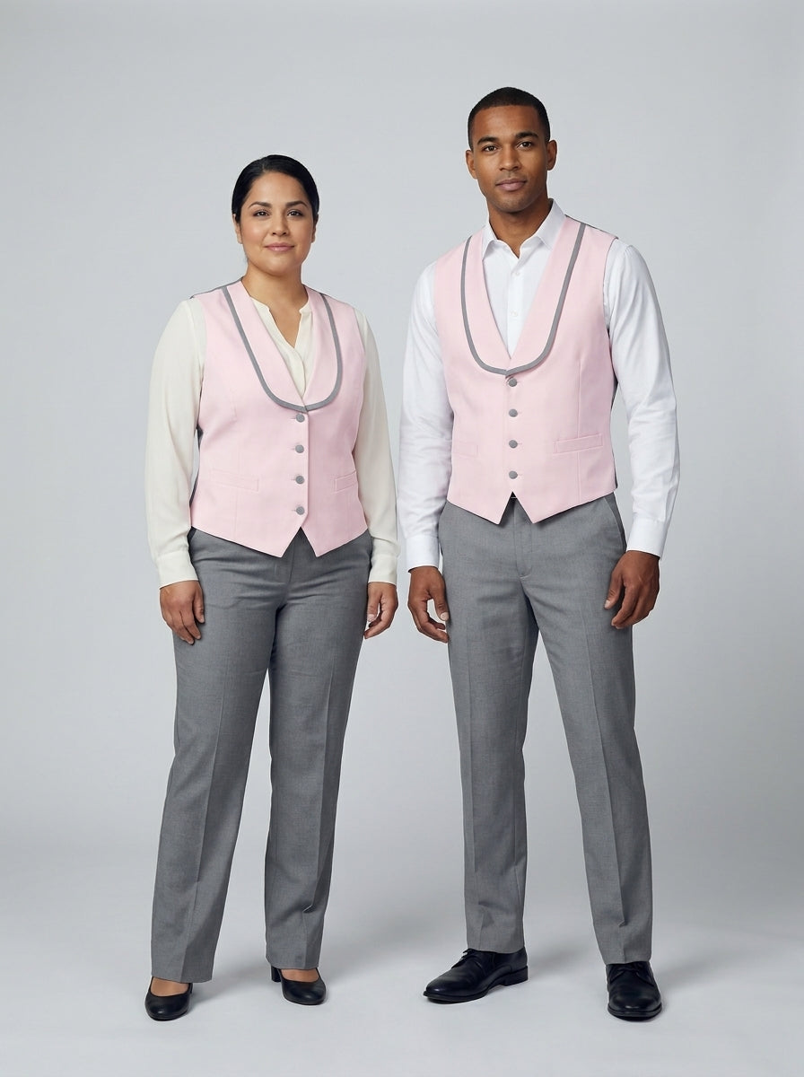 Chaleco rosa liso con ribete y botones grises, cuello chal, versión femenina y masculina para dealer de casino.