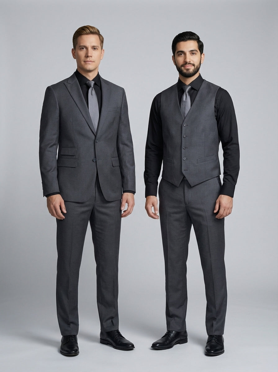 Dos caballeros con saco y chaleco gris carbón sobre camisa negra con corbata gris para personal de restaurante.