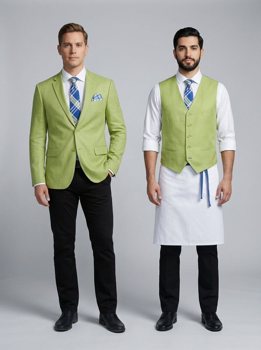 Dos caballeros con saco y chaleco verde lima sobre camisa blanca con corbata de cuadros azul para personal de restaurante.