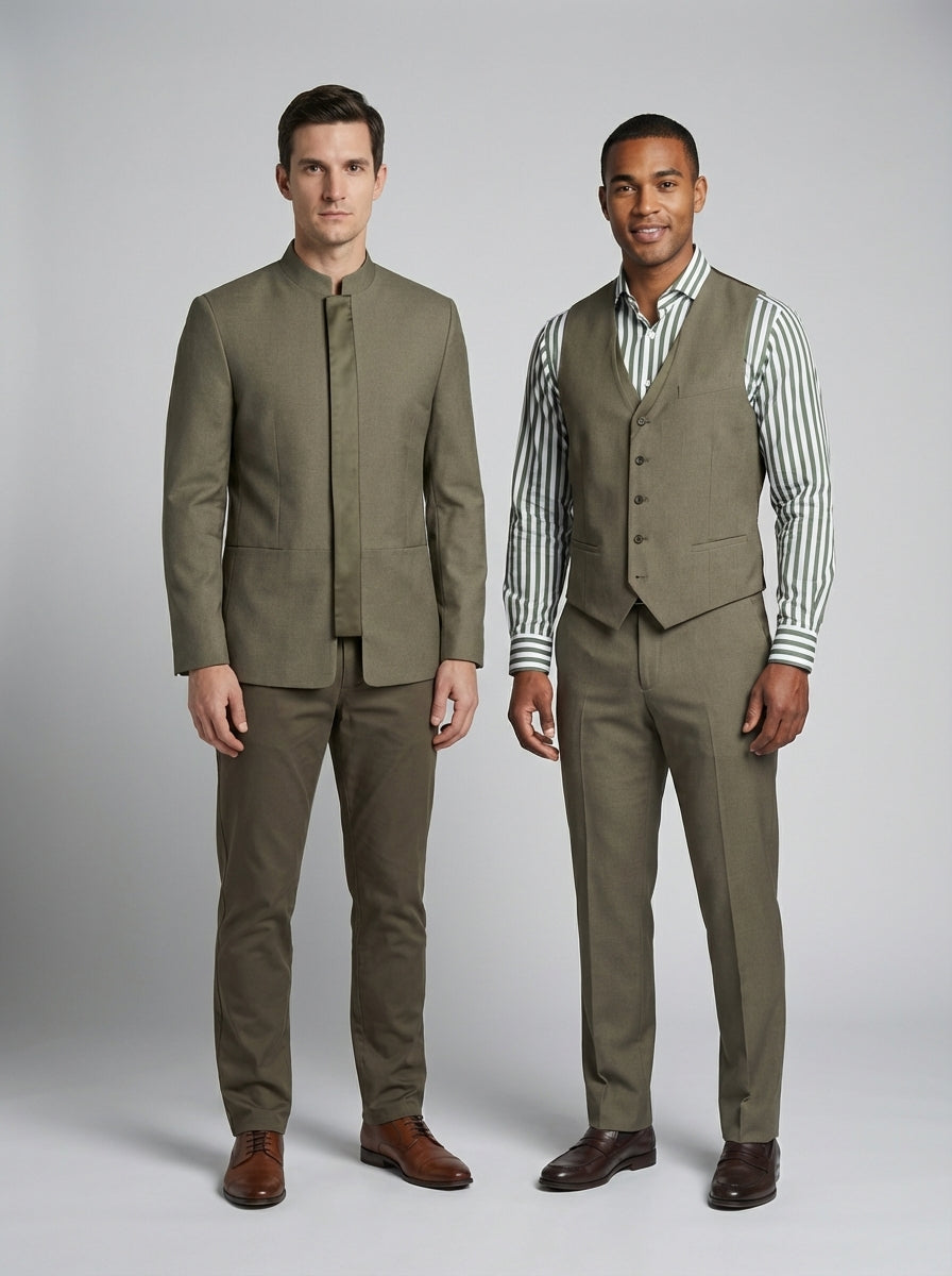 Dos caballeros con saco y chaleco verde olivo sobre camisa de rayas verde para personal de restaurante.