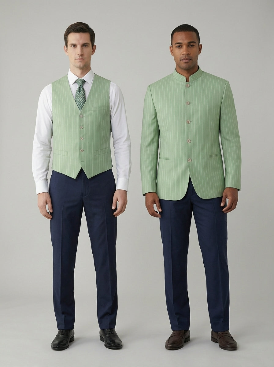Dos caballeros con chaleco y saco verde a rayas finas sobre camisa blanca para personal de restaurante.