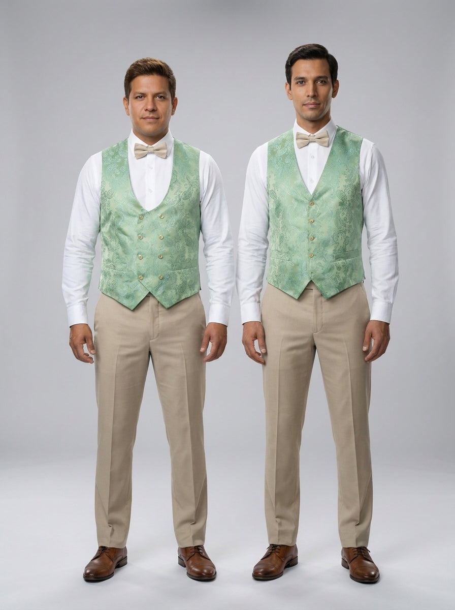 Chaleco verde menta paisley con botones dorados y cuello en V, sobre camisa blanca para dealer de casino.