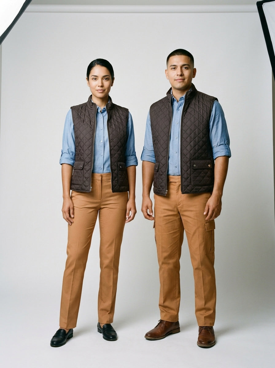 Dama y caballero con chaleco acolchado café sobre camisa chambray y pantalón camel, para resort.