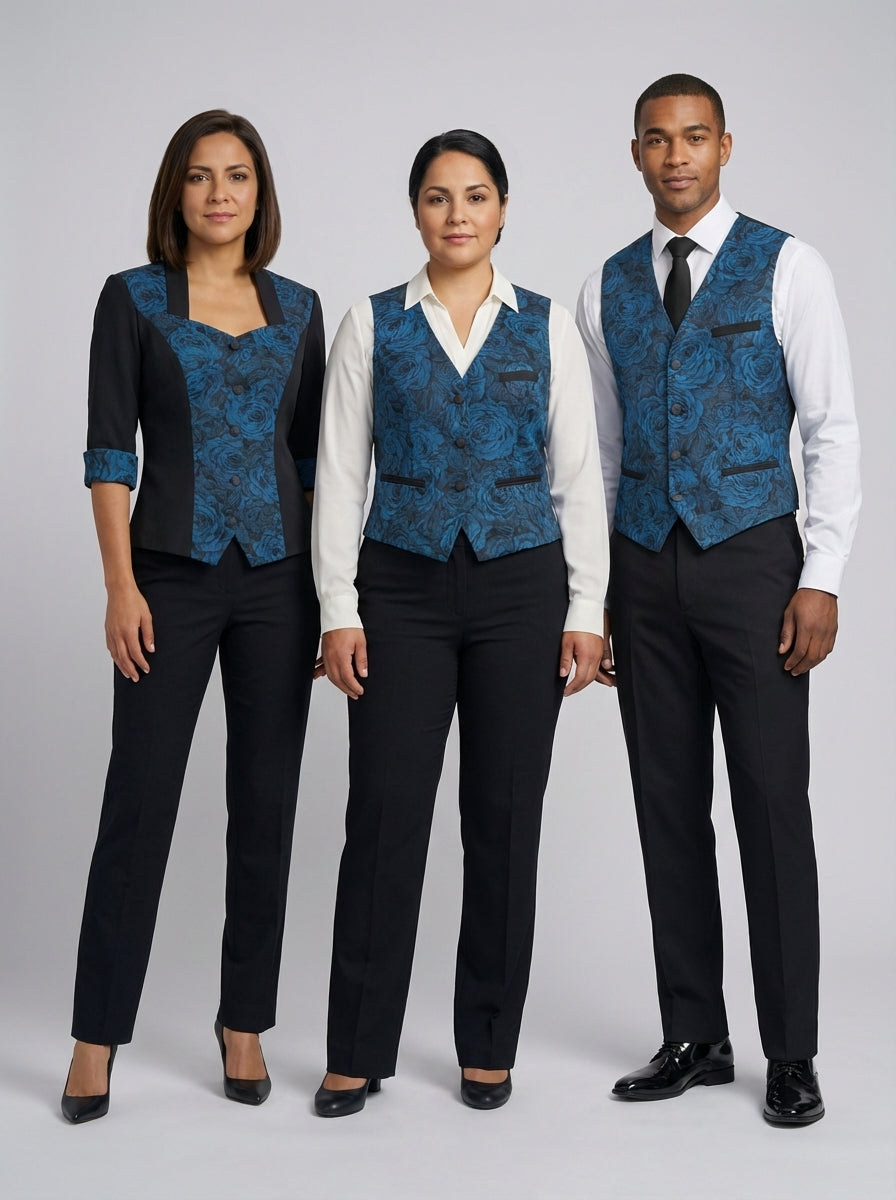 Dama y caballero con chalecos de estampado floral azul sobre camisa blanca para bar de casino.