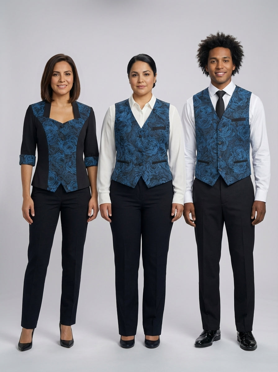 Dos damas y un caballero con chaleco de estampado floral azul sobre prendas blancas y negras para personal de restaurante.