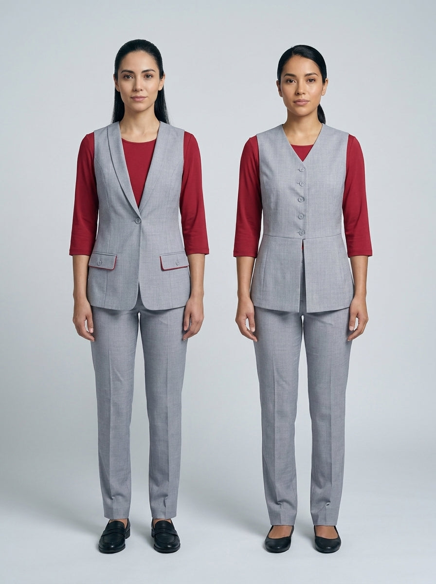 Dos damas con chaleco gris sobre blusa roja y pantalón para ama de llaves y supervisora de hotel.