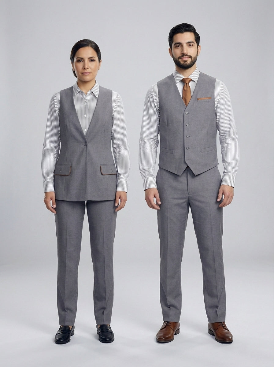 Dama y caballero con chaleco gris sobre camisa de rayas, con corbata caramelo el caballero, para supervisión de hotel.