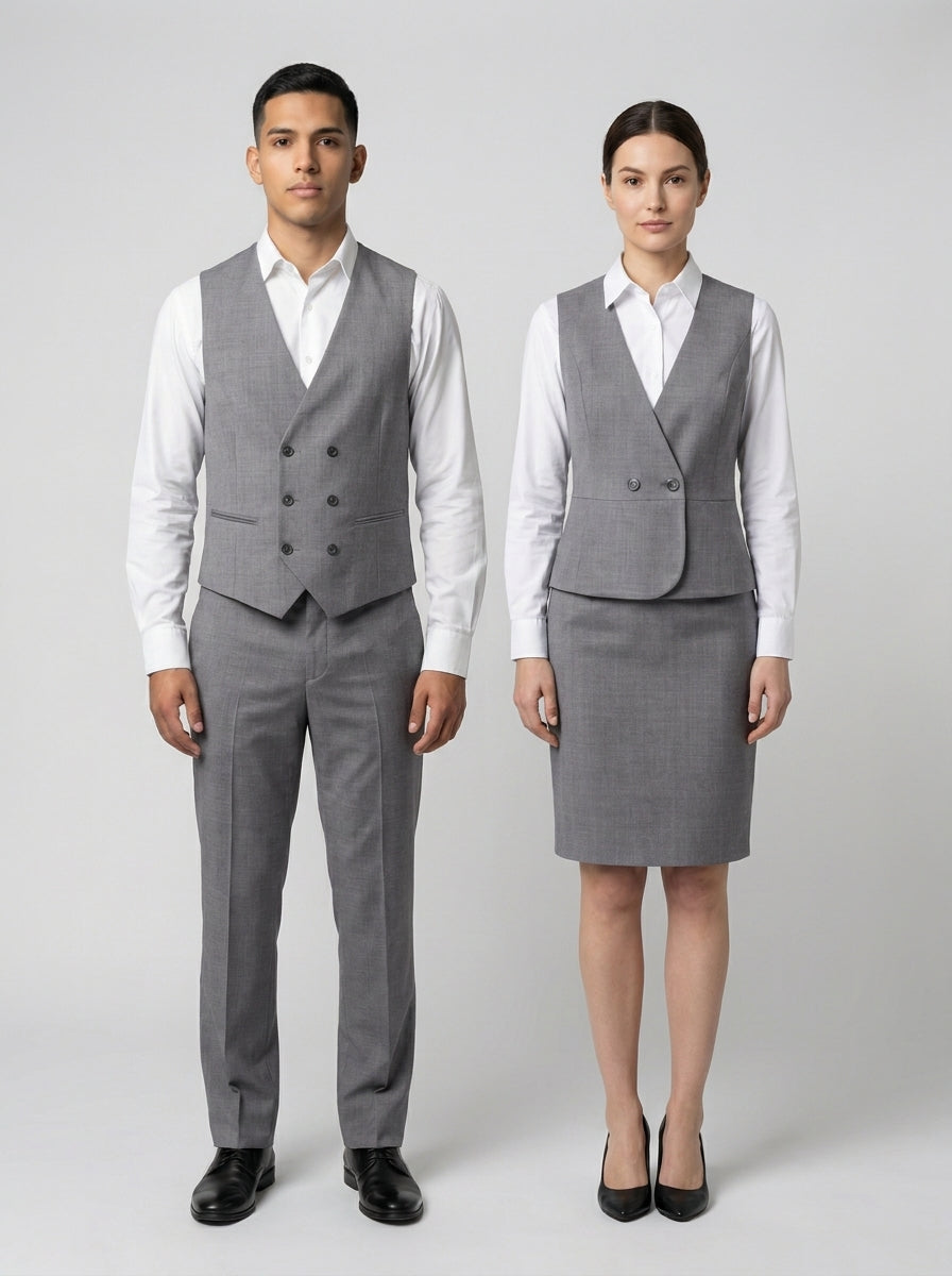 Caballero y dama con chaleco gris cruzado sobre camisa blanca, con pantalón o falda, para supervisión de hotel.