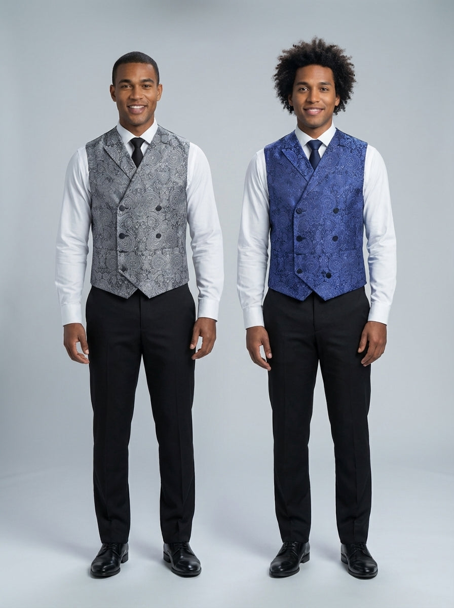 Dos caballeros con chaleco paisley gris plata y azul royal cruzado sobre camisa blanca y pantalón negro para mesero de restaurante.
